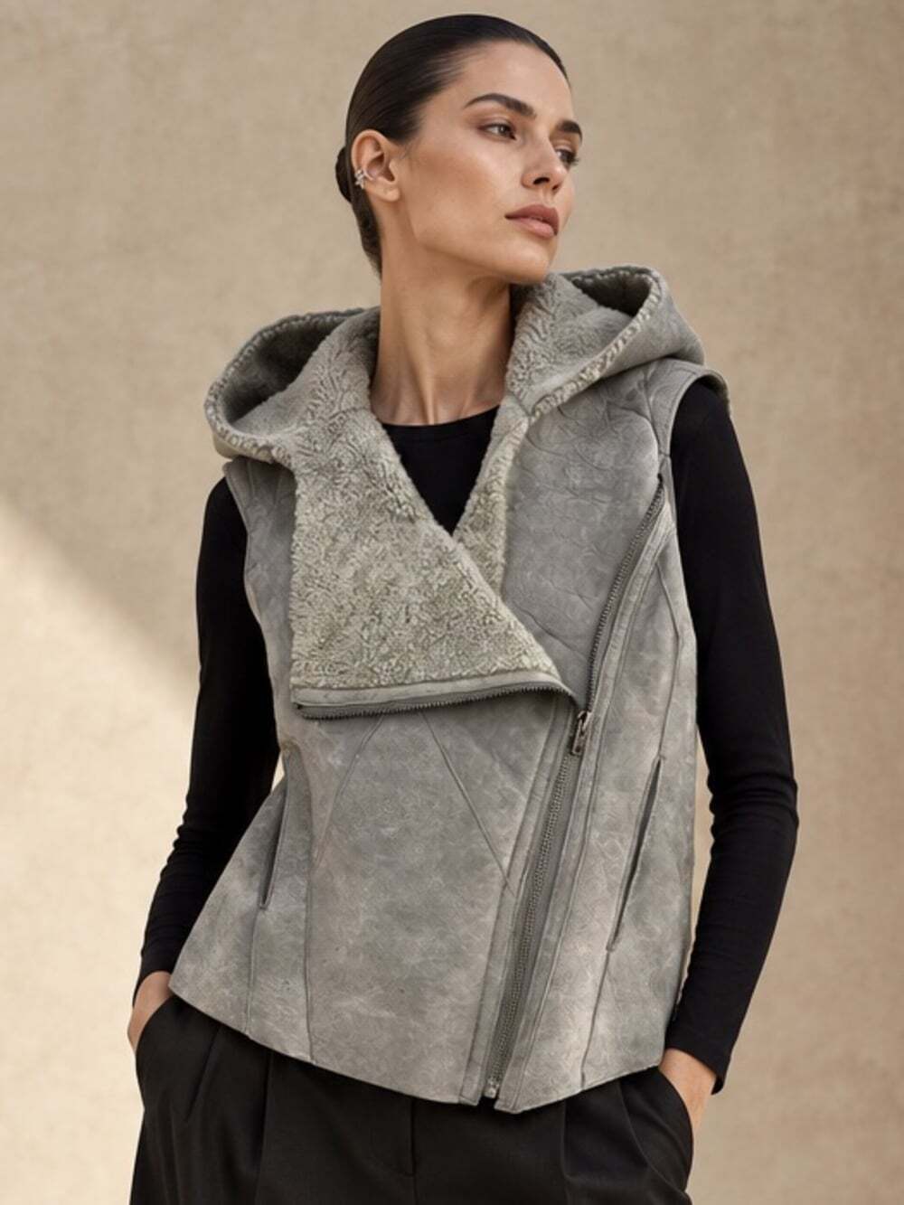Helmut Lang Shearling Hooded Vest Grey Asymmetrical Biker Avant-Garde Luxury